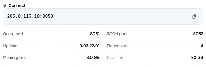 The Connect box with the server address and its query port, RCON port, up time, player slots and limits