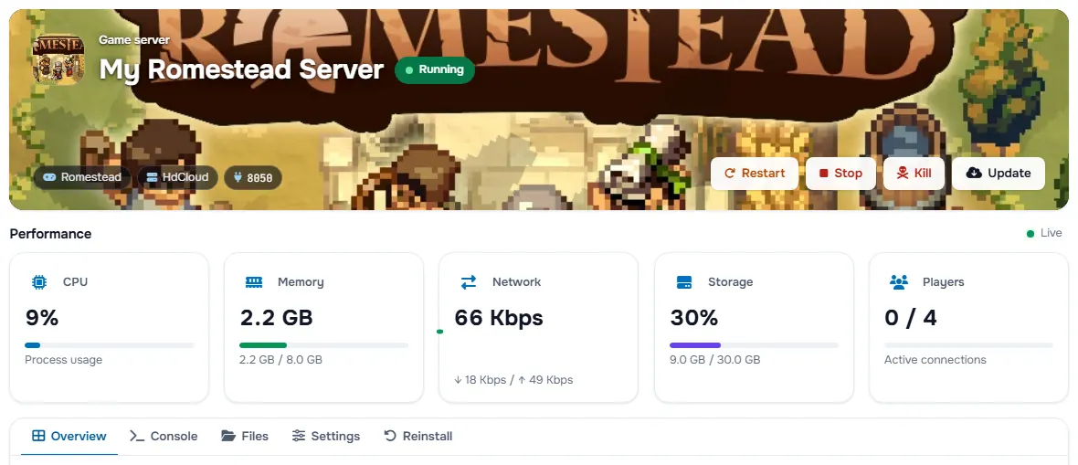 The Romestead service page with the banner, the status, the power buttons and the performance cards