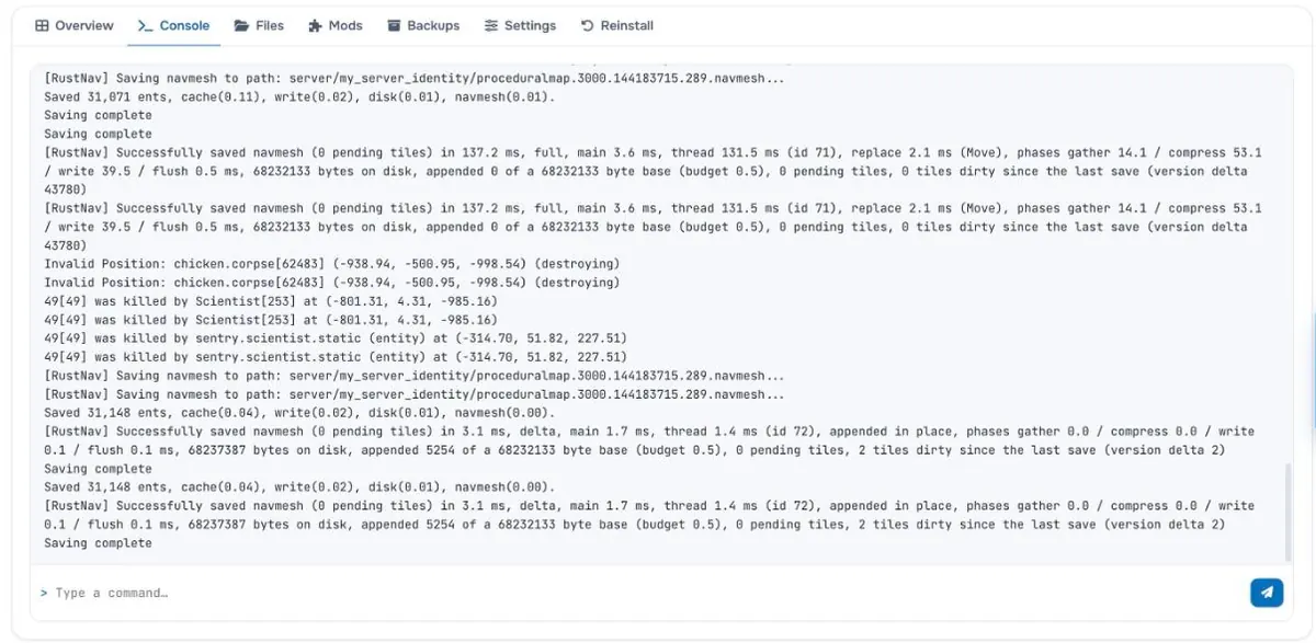 Canlı sunucu çıktısı ve komut kutusuyla Console sekmesi