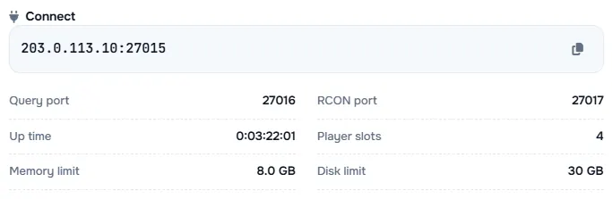 Sunucu adresi ile sorgu portu, RCON portu, çalışma süresi, oyuncu sayısı ve limitlerin yer aldığı Connect kutusu