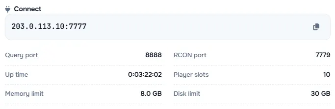 The Connect box with the server address and its query port, RCON port, up time, player slots and limits