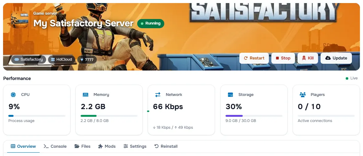 The Satisfactory service page with the banner, the status, the power buttons and the performance cards