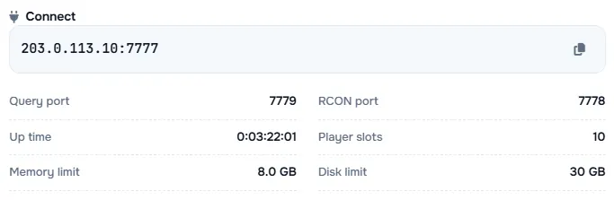 The Connect box with the server address and its query port, RCON port, up time, player slots and limits