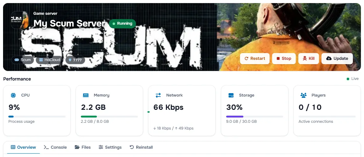 The Scum service page with the banner, the status, the power buttons and the performance cards
