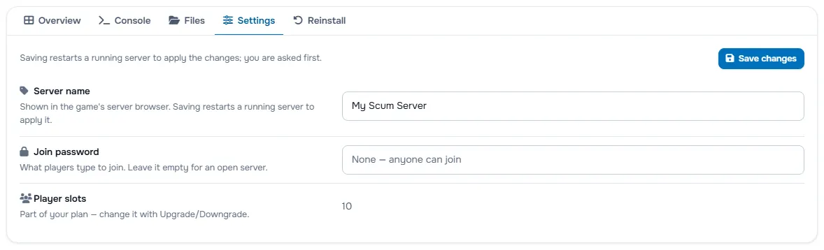 The Settings tab with the server name, the password fields and the player slots