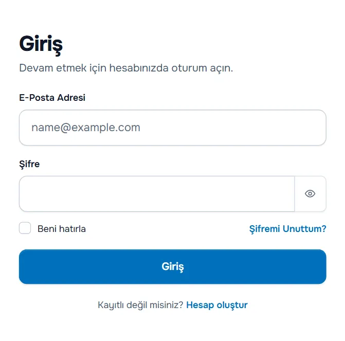 E-Posta Adresi, Şifre, Beni hatırla, Şifremi Unuttum? ve Hesap oluştur bağlantısıyla Giriş sayfası