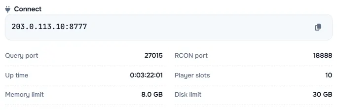 The Connect box with the server address and its query port, RCON port, up time, player slots and limits