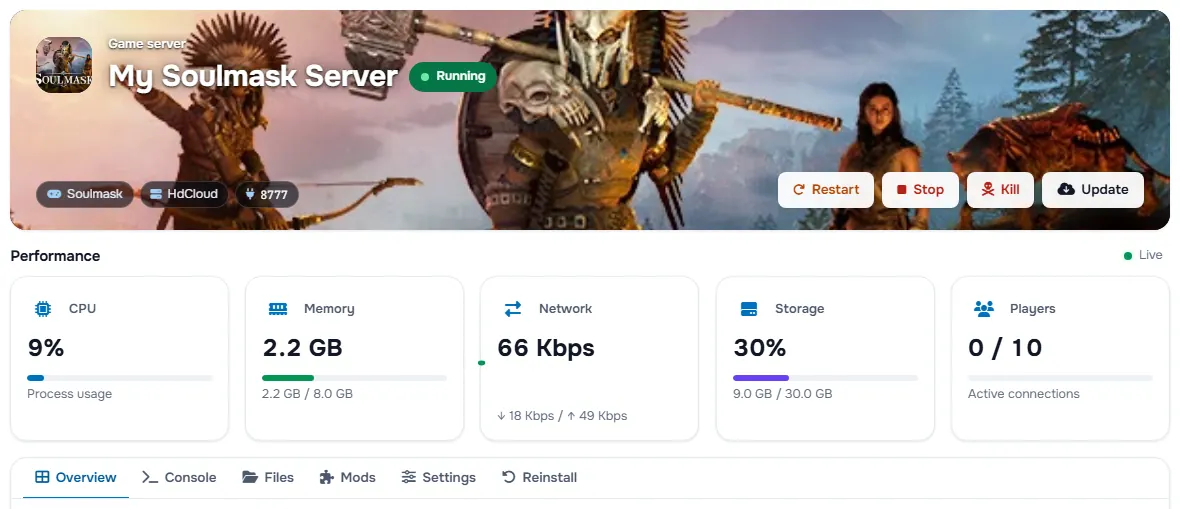 The Soulmask service page with the banner, the status, the power buttons and the performance cards