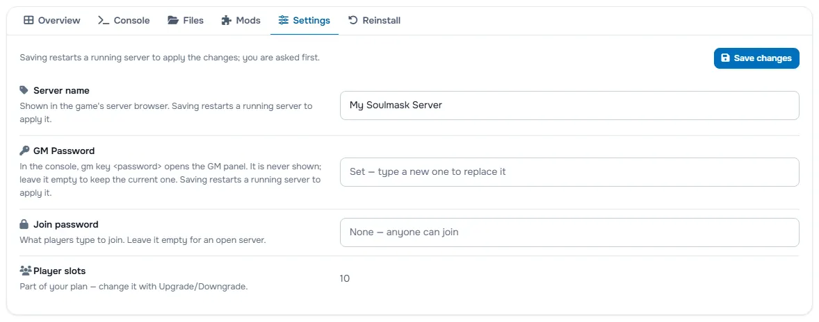 The Settings tab with the server name, the password fields and the player slots