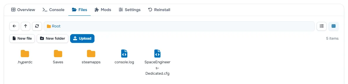 The Files tab with the folders and files of the server