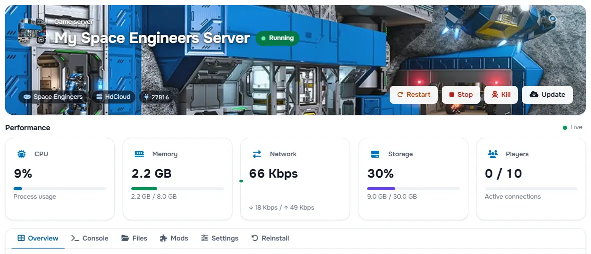 The Space Engineers service page with the banner, the status, the power buttons and the performance cards