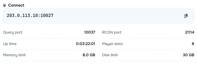 The Connect box with the server address and its query port, RCON port, up time, player slots and limits