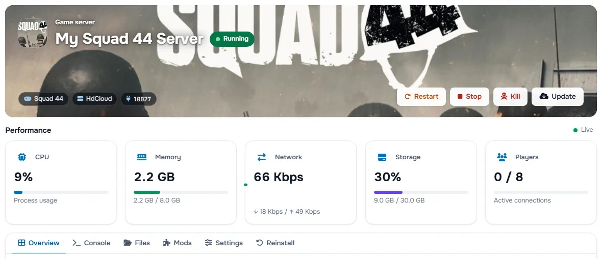 The Squad 44 service page with the banner, the status, the power buttons and the performance cards