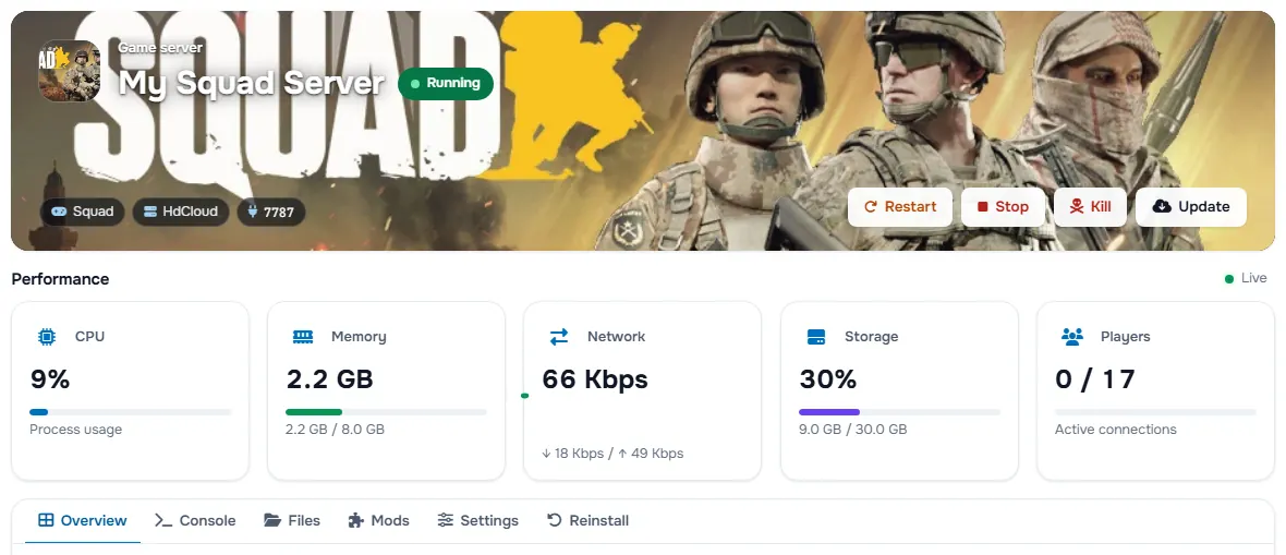 The Squad service page with the banner, the status, the power buttons and the performance cards