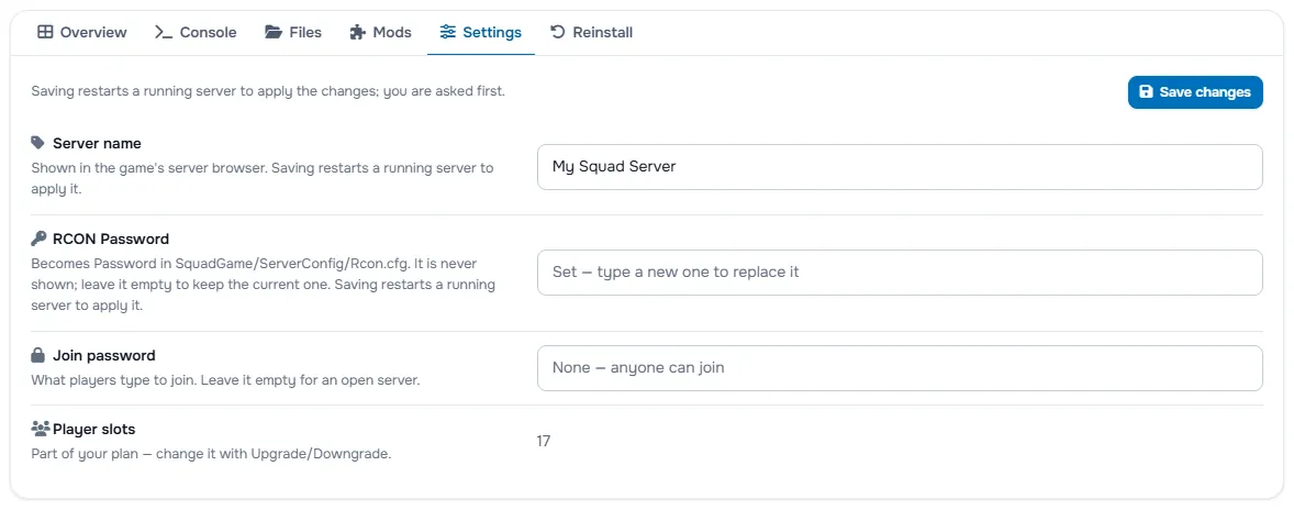 The Settings tab with the server name, the password fields and the player slots