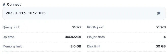 Sunucu adresi ile sorgu portu, RCON portu, çalışma süresi, oyuncu sayısı ve limitlerin yer aldığı Connect kutusu