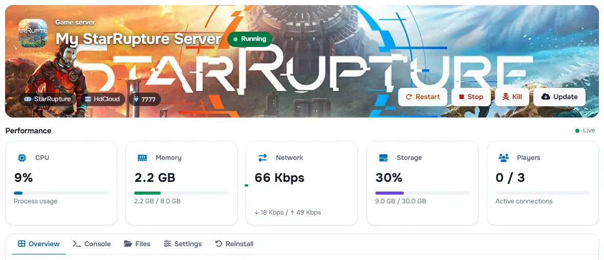 The StarRupture service page with the banner, the status, the power buttons and the performance cards