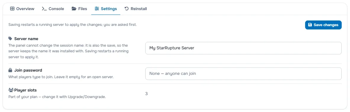 The Settings tab with the server name, the password fields and the player slots
