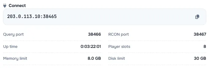 The Connect box with the server address and its query port, RCON port, up time, player slots and limits