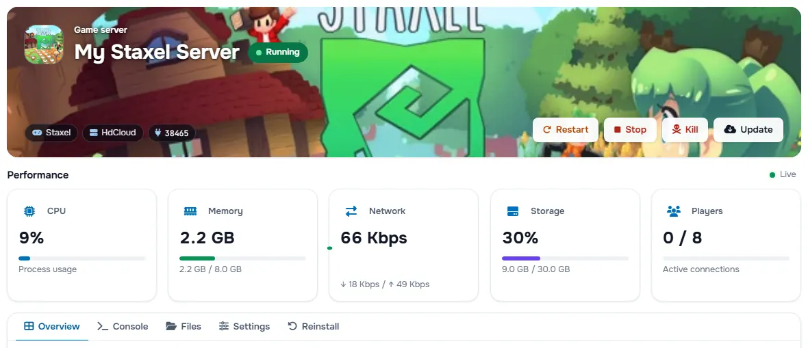 The Staxel service page with the banner, the status, the power buttons and the performance cards