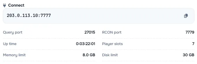 The Connect box with the server address and its query port, RCON port, up time, player slots and limits