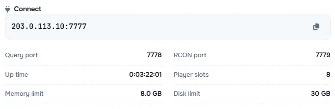 The Connect box with the server address and its query port, RCON port, up time, player slots and limits