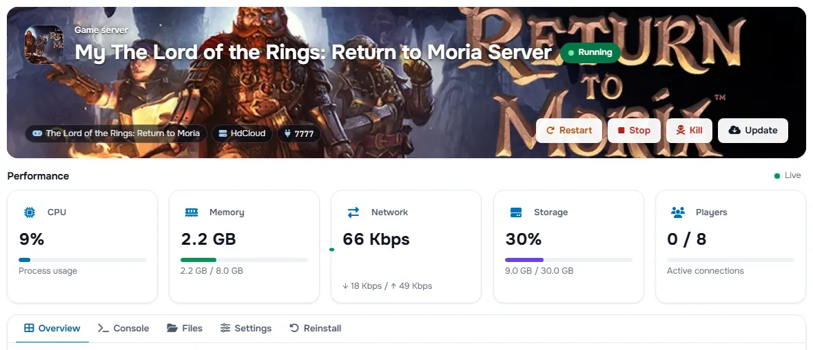 The The Lord of the Rings: Return to Moria service page with the banner, the status, the power buttons and the performance cards