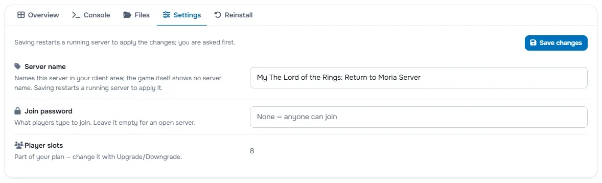 The Settings tab with the server name, the password fields and the player slots