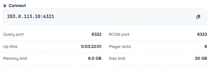 The Connect box with the server address and its query port, RCON port, up time, player slots and limits
