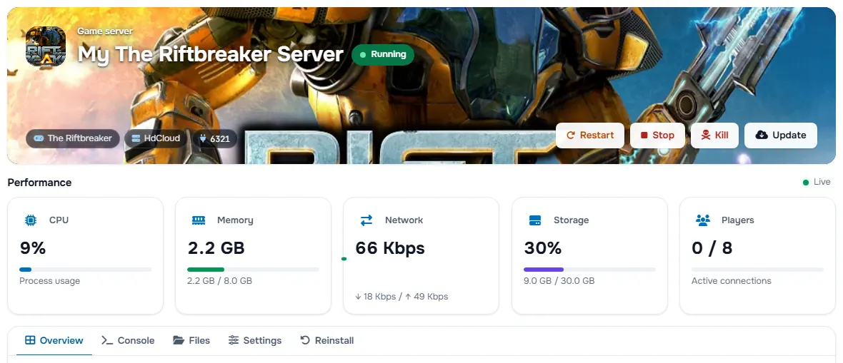 The The Riftbreaker service page with the banner, the status, the power buttons and the performance cards