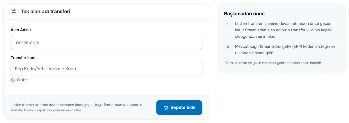 Alan Adınız ve Transfer kodu alanları, Sepete Ekle düğmesi ve Başlamadan önce kontrol listesi bulunan Tek alan adı transferi formu