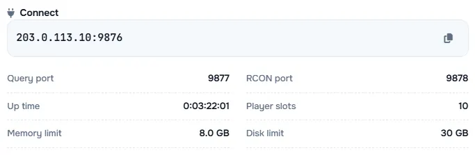 The Connect box with the server address and its query port, RCON port, up time, player slots and limits
