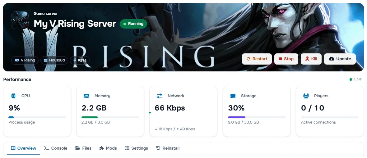The V Rising service page with the banner, the status, the power buttons and the performance cards