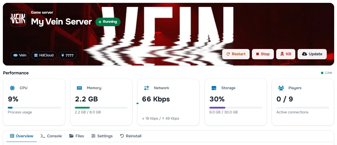 The Vein service page with the banner, the status, the power buttons and the performance cards