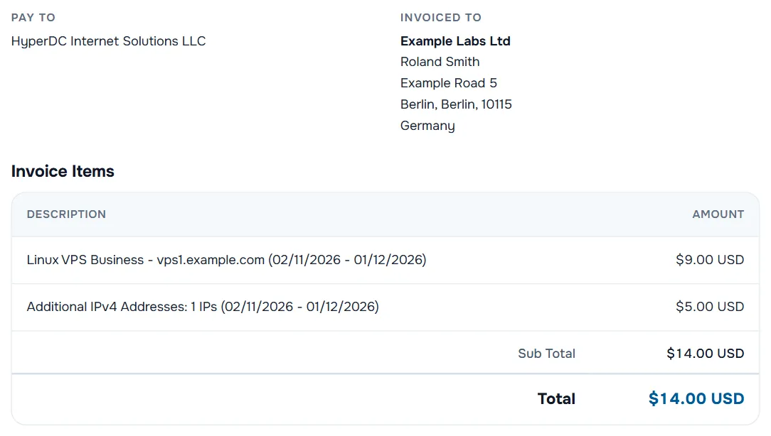 The lower part of an invoice with Pay To, Invoiced To and the invoice items with sub total and total