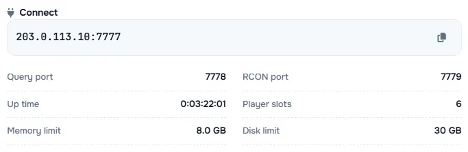 The Connect box with the server address and its query port, RCON port, up time, player slots and limits