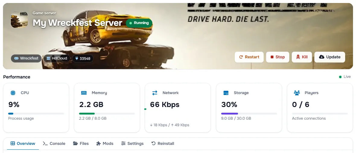 The Wreckfest service page with the banner, the status, the power buttons and the performance cards